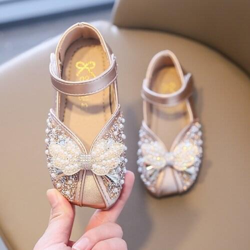 Hot Sale Kids Leather Princess Shoes for Girls Butterfly Knot Crystal Casual Glitter Children Elegant Low Heel Girls Shoes