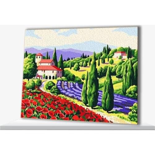 DIY Painting By Numbers Rural Scenery Green Trees And Red Flowers Distant Mountain Household Acrylic Paint Wall Art Picture