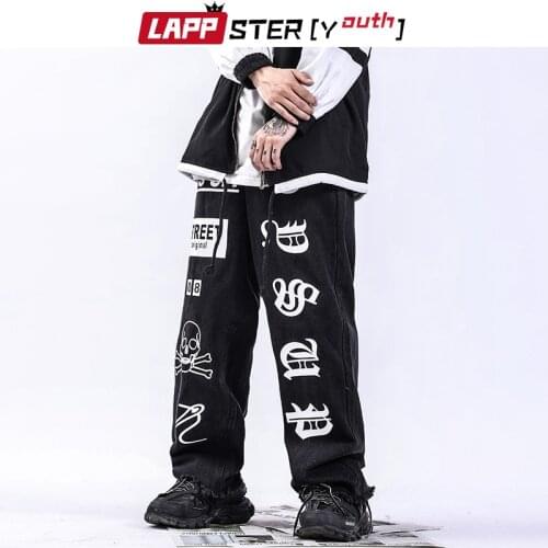 LAPPSTER-Youth Men Punk Front Printed Graphic Jeans 2021 Spring Mens Hip Hop Japanese Streetwear Denim Pants Male Black Joggers