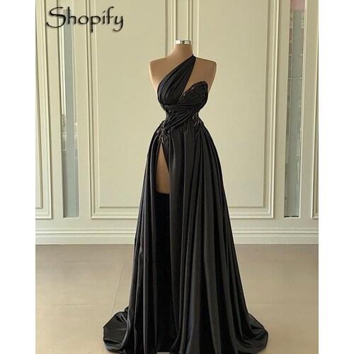 Elegant High Slit One Shoulder A-line Black Satin Real Sample Women Long Evening Dress 2020