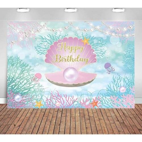 Under The Sea Happy Birthday Backdrop Little Mermaid Girl Princess Photography Background Ocean Glare Glitter Pearl Shell Banner