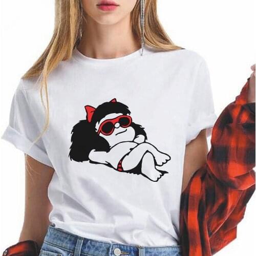 Mafalda T-shirt Women Summer 90s Harajuku Casual Short Sleeve Streetwear O-Neck White Tops Tee Cartoon Tshirt Femme Top Dropship
