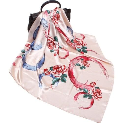FXAASS Bandana Women Hijab Square Scarf Fashion Ladies Retro Luxury Silk Scarf Shawls Rose Print 90*90cm Large Cape Headscarf