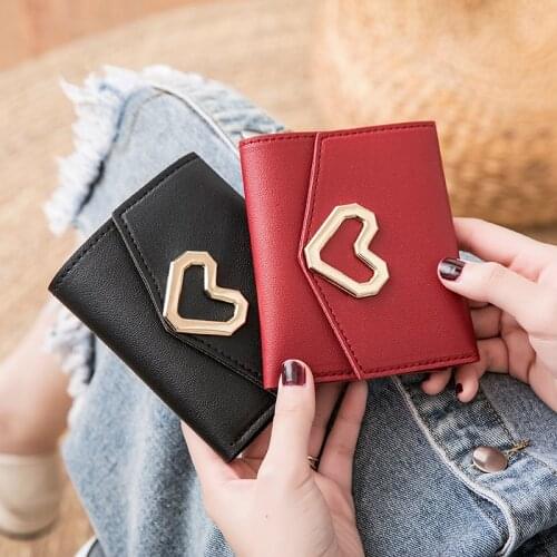Womens Short Square Trifold Wallet PU Leather Heart Hasp Mini Clutch Photo Credit Card Holder Ladies Fashion Simple Coin Purses