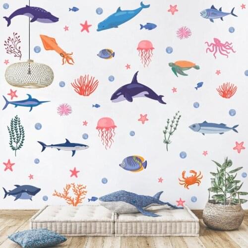 Sea World Peel And Stick Wall Decals Fishes & Sea Plants PVC Stickers Cartoon Home Window Stickers Wall Art for Nursery Bathroom