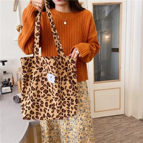 2021 New Women Corduroy Leopard Print Shoulder Bag Female Fashion Grocery Shopper Tote Bag Lady Casual Handbag
