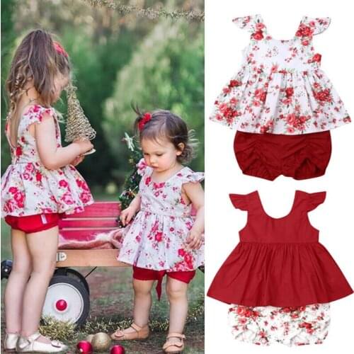 New Baby Summer Clothing 0-3Y Infant Baby Girls Xmas Clothes Sets Ruffles Short Sleeve Dress Tops+Shorts Bottoms 2pcs Sets