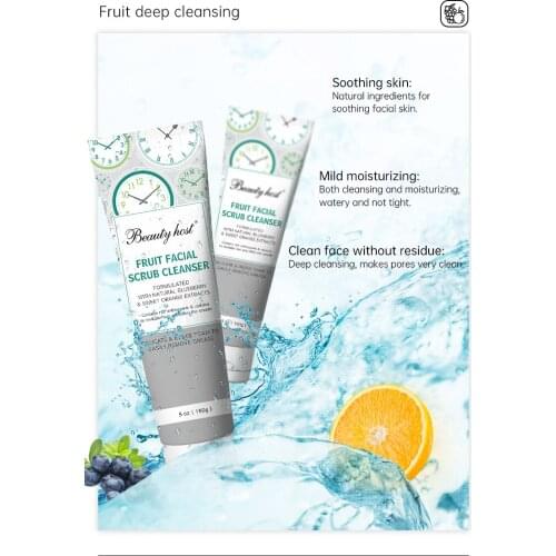 Beauty Host Fruit facial scrub Cleanser delicate and dense foam to easily remove grease；revitalize skin and offers the smooth