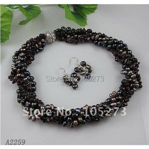 Stunning!5row AA 7-8MM Garnet& black Genuine freshwater pearl necklace Rhinestone Magnet clasp necklace earring A2259