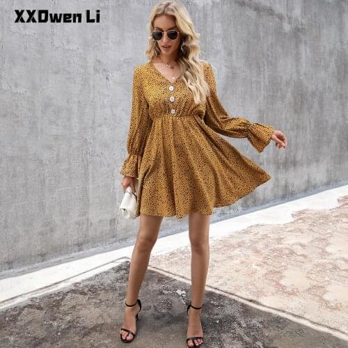 Sexy Leopard Print Buttons Lantern Sleeve Mini Dresses For Woman 2021 Spring AutumnCasual V-Neck Ruffles Fashion Women Clothing