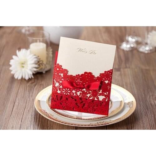 Quevinal Red Square Laser Cut Flower with Bowknot Lace Pocket Engagement Wedding Invitations Card,100 Pcs/Lot