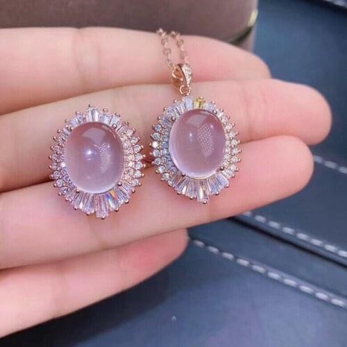 The Best Engagement Gift 100% Real and Natural Rose Quartz Set 925 sterling silver,1pc Ring,1pc Pendant