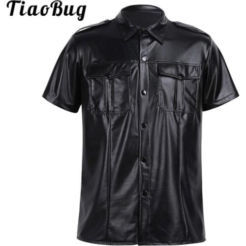 TiaoBug Men Soft Black Faux Leather Shirt Top Short Sleeve Policeman Uniform Shirt Nightclub Party Snap Button Tops Sexy Costume