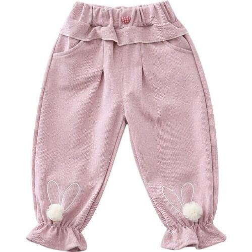 Spring Pants Baby Girl Toddler Cotton Cute Rabbit Pattern Fuzzy Ball Creases Soft Cotton Loose Comfortable Kids Fashion Clothes