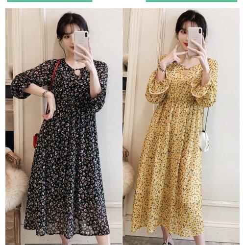 Explosive maternity spring and autumn dress crush new long chiffon dress stitching flared sleeves pregnant dress