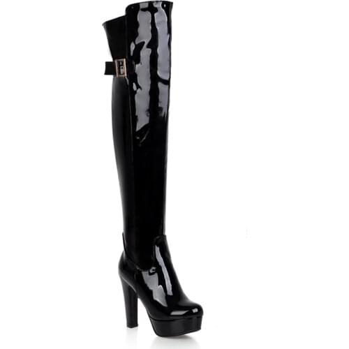 Belt Buckle Patent Leather Super High-Heeled Red Knee-High Boots Chunky Heel Round Toe Short Cashmere Waterproof Platform Boots