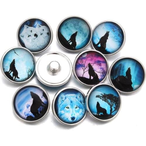 10pcs/lot Wolf Moon Glass Cabochon Snap Button Fit 18mm Bracelet Jewelry Earrings For Women ZB383