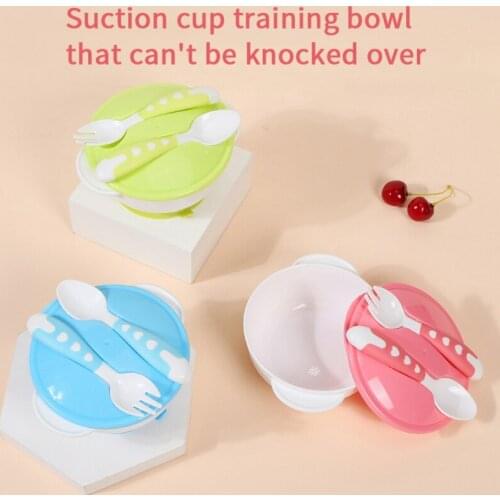 3PCS Baby Anti-slip Double Ear Sucker Feeding Bowl Lid+Spoon+Fork Toddler Kids Training Dishes Food Supplement Tableware11