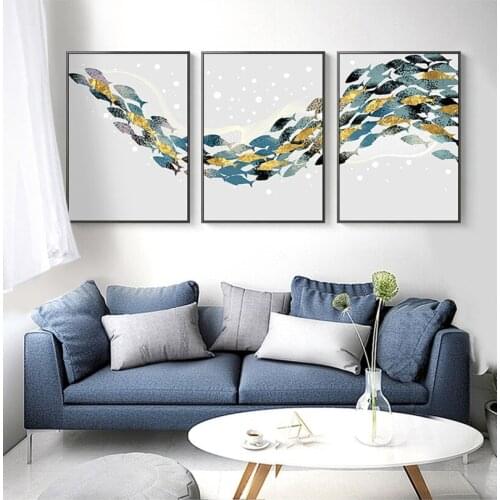 Abstract spot swimming fish Golden and white Nordic Modern Wall Art Nursery Picture Canvas Painting for painting home Decoration