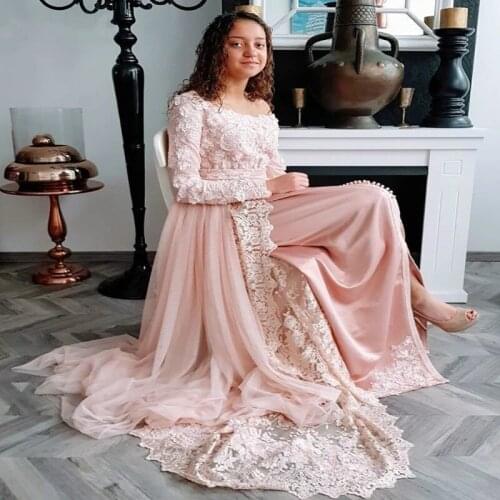 Elegant Pink Dubai wedding Dress With Long Sleeve Kaftan Morrocan Formal Muslim Evening Gown 2021 Lace Robe De Soirée De Mariage