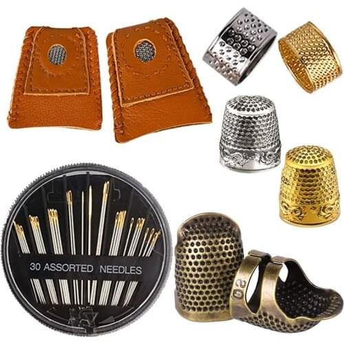 Imzay 8Pcs Sewing Thimble + 30Pcs Sewing Needles, Finger Protector Fingertip Thimble Adjustable Metal Bronze Sewing Thimble Ring