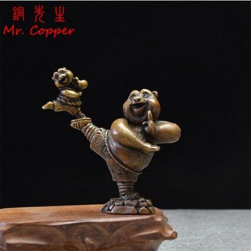 Pure Copper Chinese Panda Cute Cartoon Character Bronze Statue Vintage Kung Fu Animal Miniature Figurines Desktop Ornament Decor
