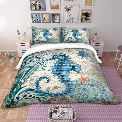 Mediterranean Style Sea Horse Bedding Set Double Print Starfish,Seaweed Blue Duvets Cover Set Double Size Bedclothes Cotton 2021