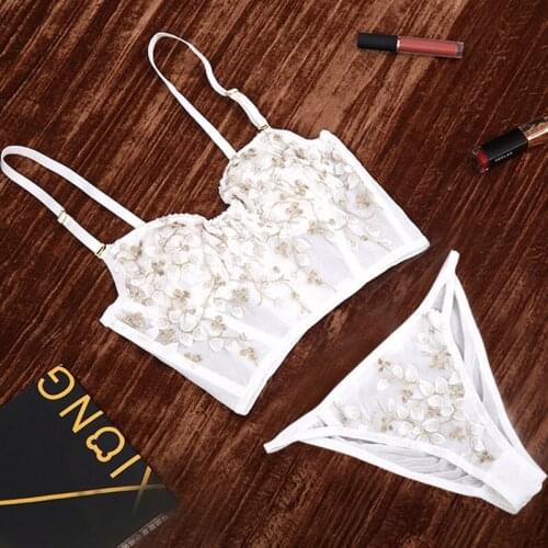 French white floral embroidery romantic thin cup with pad women sexy push up underwear bra sets adjustable lengthen lingerie