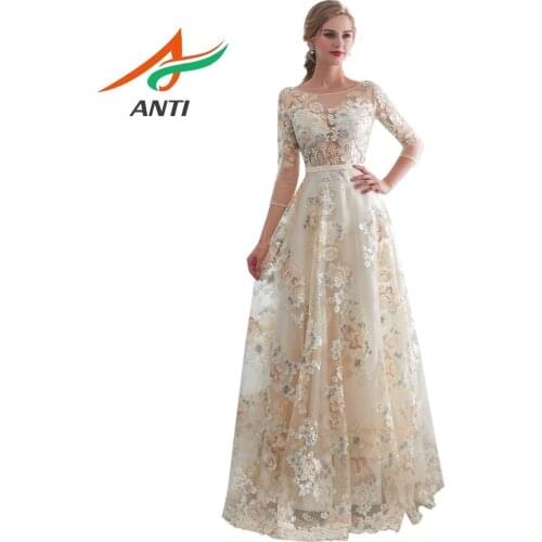 ANTI A-Line All Floral Evening Dress O-Neck Lace Lace Illusion Sashes Formal Gowns For Wedding Party Celebrity Guest Dress 2019