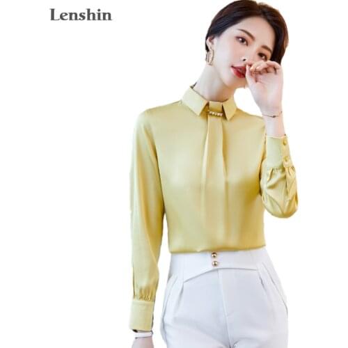Lenshin fashion Beading shirt women Stand Collar long sleeve blouse office ladies formal Loose plus size tops