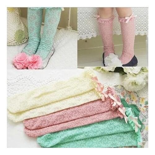 Summer 1-5 years old girls hollow out lace bowknot knee-high socks princess socks children socks 3 pairs/lot mix wholesale