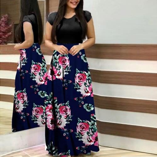 Maxi Dresses For Women Mandala Flowers Printed Long Dress Woman Short Sleeve Contrast Color Dresses O Neck Prom Bohemian Dresses