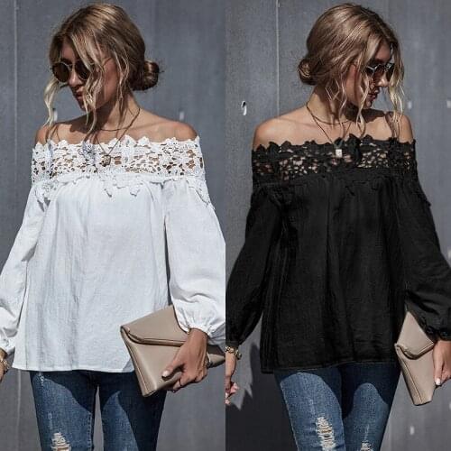 Fashion Lace Women Blouses Shirt Summer Puff Sleeve Women Tops Hollow Lace Blouse Women Slash Neck Shirt Female Blusas Femininas