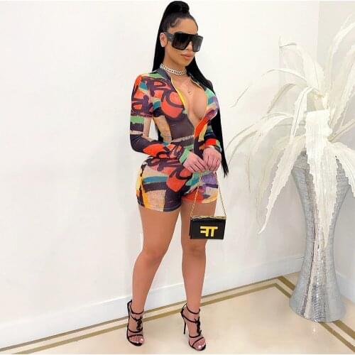Fashion Multi Print Zip Up Workout Romper Plus Size Sexy Mesh Playsuit Long Sleeve Short Jumpsuit Women Party Club Wear