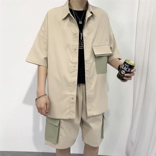 Mens Set Clothing Shirt Shorts Suit Patchwork Pocket Korean Style Summer Oversize Casual Cotton Short Knee-Length Pants Fashion