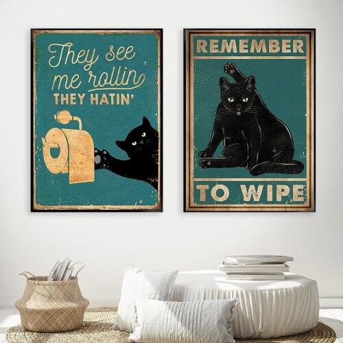 Black Cat Wall Art Canvas Painting Modern Funny Bathroom Remember to Wipe Quote Poster Vintage Animal Prints Toilet Picture Home