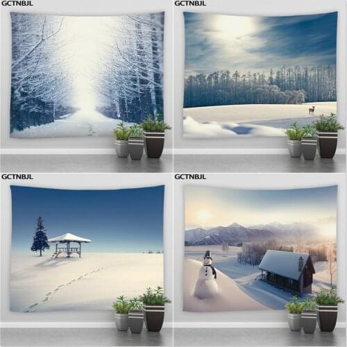 Winter Landscape Wall Hanging Tapestry Forest Snowman Wooden House Hippie Tapestries Bedroom Living Room Home Tablecloth Decor