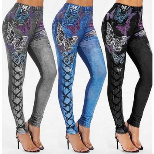 Slim Women Leggings Print Butterfly Faux Denim Jeans Casual Pencil Leggings Ladies Fitness Leggings
