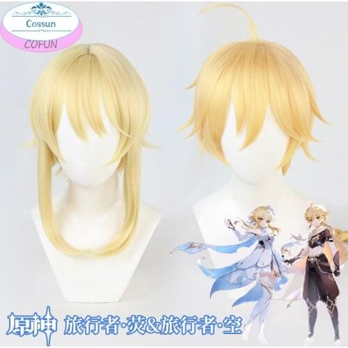 Game Genshin Impact Cosplay Costume Traveler Lumine Aether wigs Blonde Braid Long hair Women Men Costume Halloween wigs