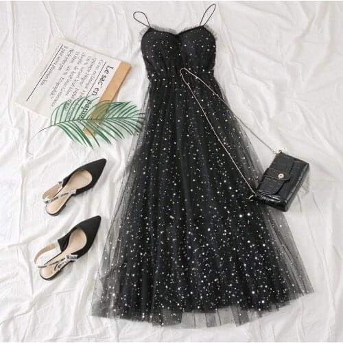Holiday Summer Shining Beach Dresses 2020 New Korean Sweet Mesh Long Womens Spaghetti Strap Star Sequins Dress Female Vestidos