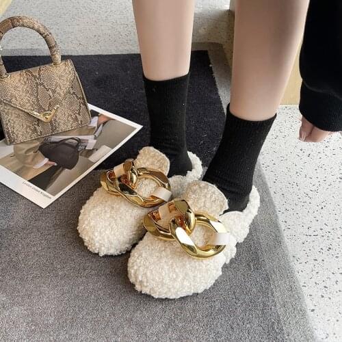 WEIBATE Brand Design Women Slipper Fashion Gold Chain Slip On Mules Shoes Winter Warm Lambswool Slides Casual Flat Flip Flop