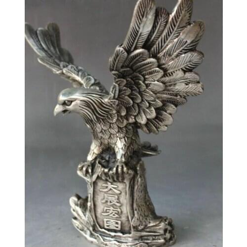Old Chinese Feng Shui Folk Silver Carving Animal Fly Eagle Hawk Statue Sculpture