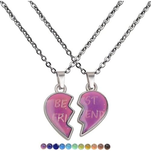 Unisex 2 Pcs BFF Mood Necklace Changeable Temperature Heart Pendant Best Friend Letter Couple Necklace Friendship Jewelry Gift
