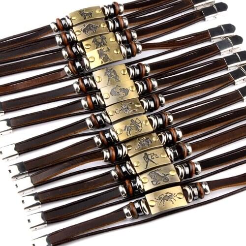 Vintage 12 Constellations Bangle For Men Women Fashion Jewelry Genuine Leather Bracelet Zodiac Signs Punk Charm Gift