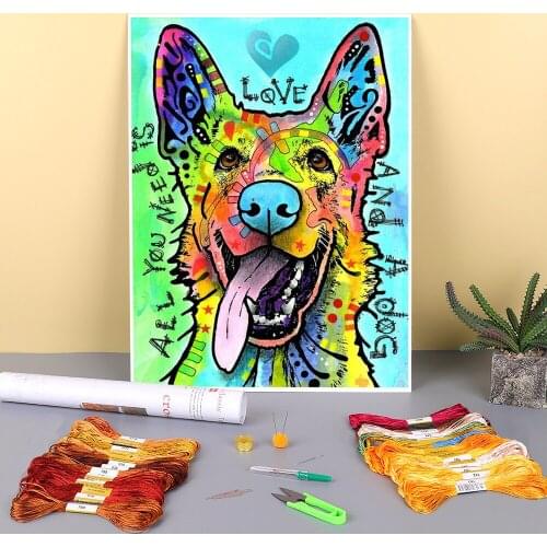 Animal German Shepherd Printed Water-Soluble Canvas 11CT Cross Stitch Full Kit DIY Embroidery DMC Threads Handiwork Needle