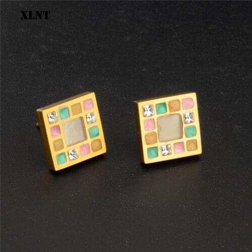 XLNT Korean Womens Jewelry Vintage Fashion Enamel Square Crystal Earrings Stainless Steel Stud Earrings