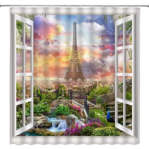 Tower Scenery Shower Curtains White Window Fantasy Landscape Floral Plant Patter Bathroom Decor Cloth Hanging Curtain Set