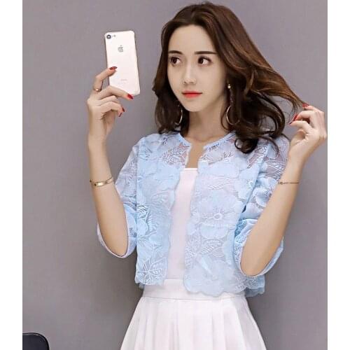 Five-point Sleeve Thin Sunscreen Shirt Female Lace Flower Pattern Hollow Round Neck Short Cardigan Shirt Women Spring Summer