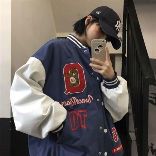 Vintage Bear Letters Baseball Jacket Coat Women Oversized 2021 Spring New Harajuku Korean Style Loose Outerwear cool Girls ins