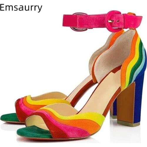 2021 Colorful Sandals Women Peep Toe Sexy Slim Shallow Party Shoes Chunky Square High Heel Walking Footwear Rainbow Sandalias